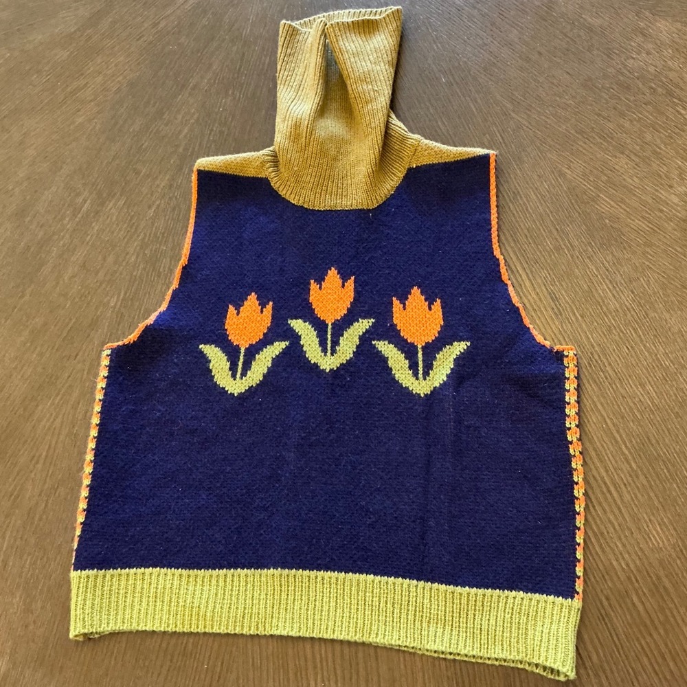 Cider Womens Navy Blue Tulip Floral Knit Turtleneck Sweater Top Size Large - Picture 6 of 7